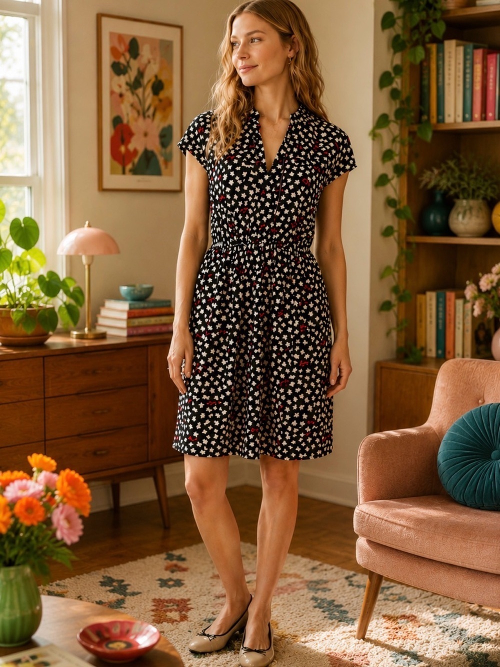 Anthropologie Maeve Odilia Black and White Ginkgo & Sunglasses Print Dress XS
